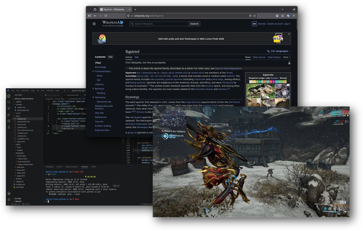 VSCodium, Firefox and Warframe open